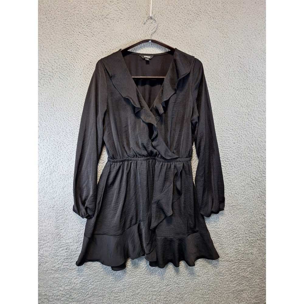 Express Wrap Dress Womens Large Black Elastic Waist Ruffle Detail Long Sleeve